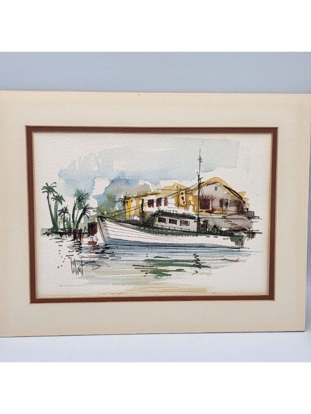 Original Watercolor Coastal Landscape Signed By Artist With Boat & Buildings - Picture 2 of 9
